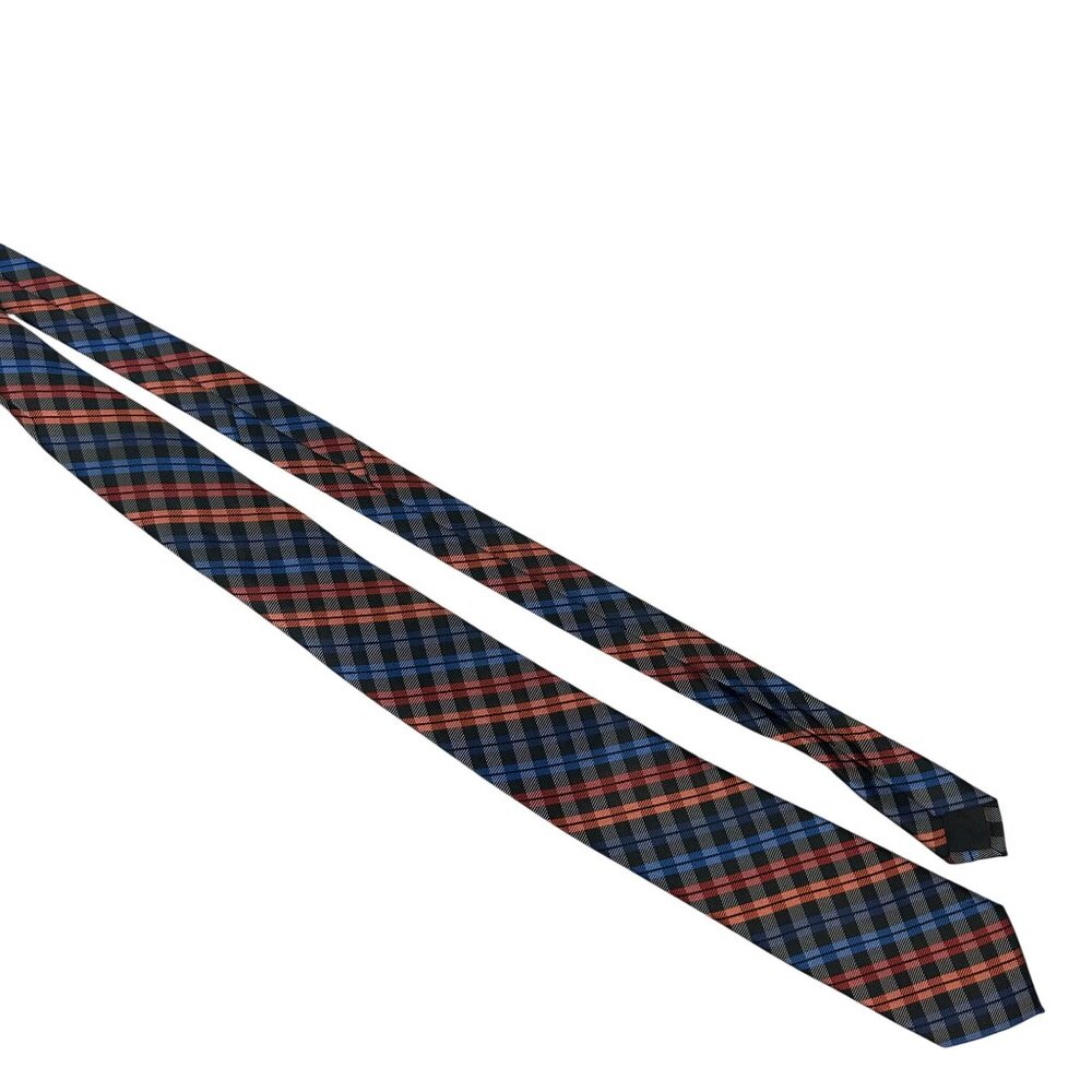 JF J.Ferrar Mens Plaid Tie Multicolor Black Orange Blue Silk Blend